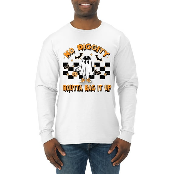 Wild Bobby No Diggity Boutta Bag it Up Ghost Bats Stars Pumpkin Halloween Orange and Black Halloween Men Long Sleeve Shirt, White, 3X-Large