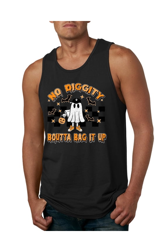 No Diggity Boutta Bag it Up Ghost Bats Stars Pumpkin Halloween Orange and Black Halloween Men Tank Top, Black, Large