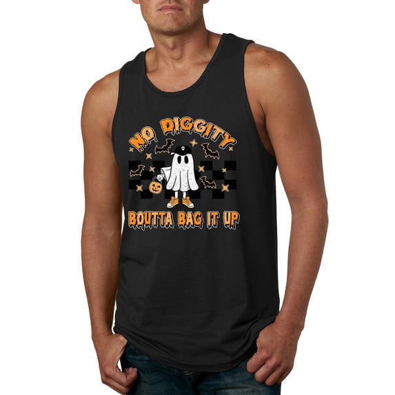 Wild Bobby No Diggity Boutta Bag it Up Ghost Bats Stars Pumpkin Halloween Orange and Black Halloween Men Tank Top, Black, Small