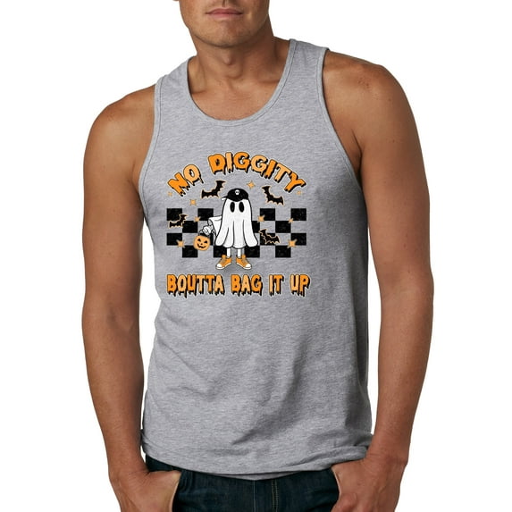 Wild Bobby No Diggity Boutta Bag it Up Ghost Bats Stars Pumpkin Halloween Orange and Black Halloween Men Tank Top, Heather Grey, X-Large