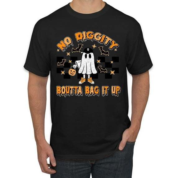 Wild Bobby No Diggity Boutta Bag it Up Ghost Bats Stars Pumpkin Halloween Orange and Black Halloween Men Tee, Black, Small