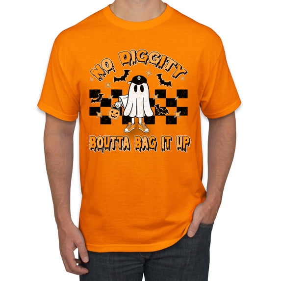 Wild Bobby No Diggity Boutta Bag it Up Ghost Bats Stars Pumpkin Halloween Orange and Black Halloween Men Tee, Orange, 5X-Large
