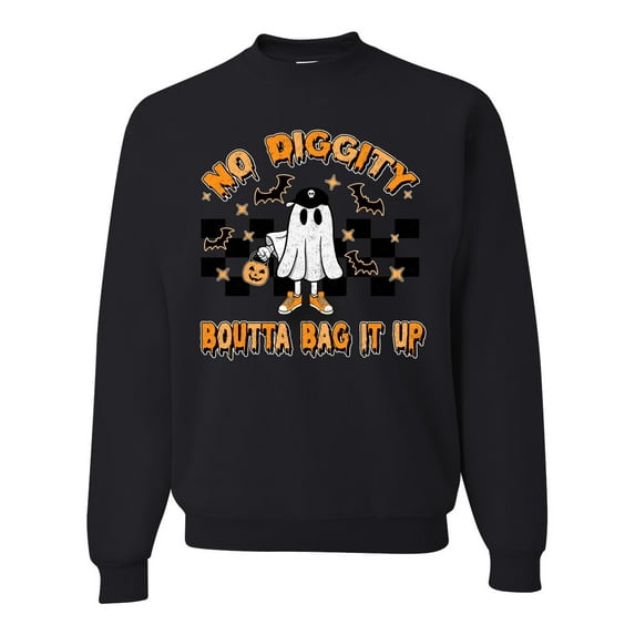 Wild Bobby No Diggity Boutta Bag it Up Ghost Bats Stars Pumpkin Halloween Orange and Black Halloween Unisex Crewneck Sweatshirt, Black, Small
