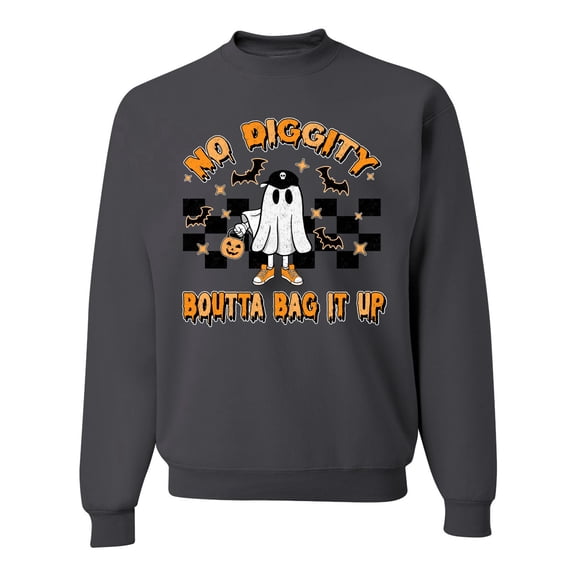Wild Bobby No Diggity Boutta Bag it Up Ghost Bats Stars Pumpkin Halloween Orange and Black Halloween Unisex Crewneck Sweatshirt, Charcoal, X-Large