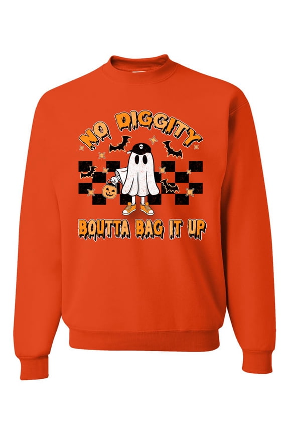 No Diggity Boutta Bag it Up Ghost Bats Stars Pumpkin Halloween Orange and Black Halloween Unisex Crewneck Sweatshirt, Orange, Small