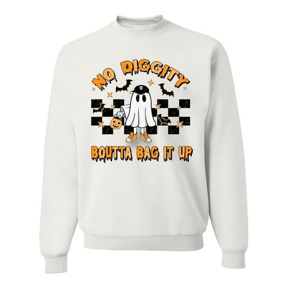 Wild Bobby No Diggity Boutta Bag it Up Ghost Bats Stars Pumpkin Halloween Orange and Black Halloween Unisex Crewneck Sweatshirt, White, Medium