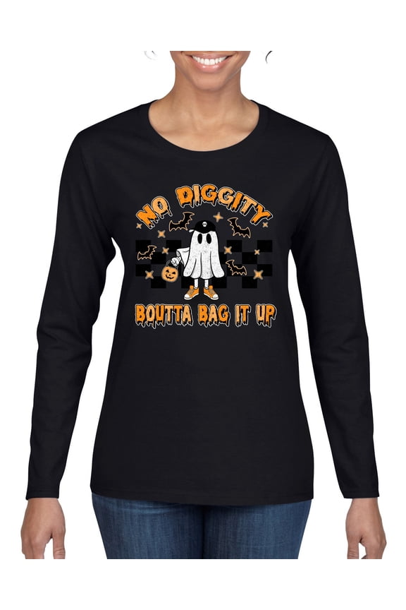 No Diggity Boutta Bag it Up Ghost Bats Stars Pumpkin Halloween Orange and Black Halloween Women Graphic Long Sleeve Tee, Black, Large