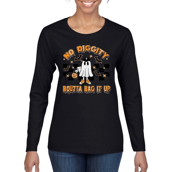 Wild Bobby No Diggity Boutta Bag it Up Ghost Bats Stars Pumpkin Halloween Orange and Black Halloween Women Graphic Long Sleeve Tee, Black, Small