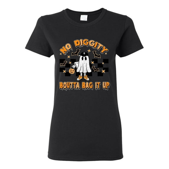 Wild Bobby No Diggity Boutta Bag it Up Ghost Bats Stars Pumpkin Halloween Orange and Black Halloween Women Graphic Tee, Black, Small