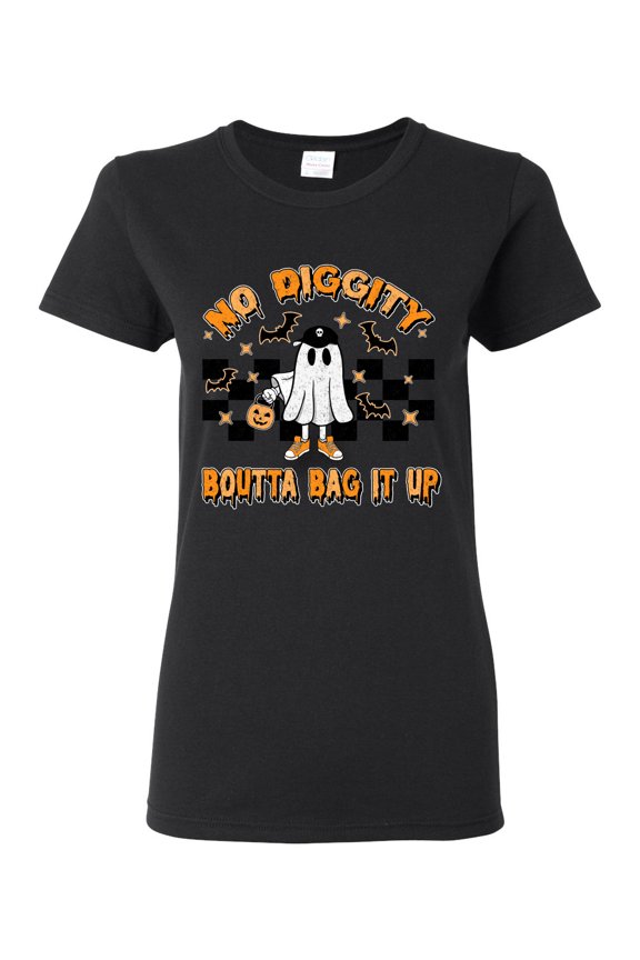 No Diggity Boutta Bag it Up Ghost Bats Stars Pumpkin Halloween Orange and Black Halloween Women Graphic Tee, Black, Small