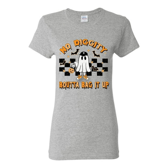 Wild Bobby No Diggity Boutta Bag it Up Ghost Bats Stars Pumpkin Halloween Orange and Black Halloween Women Graphic Tee, Heather Grey, Large