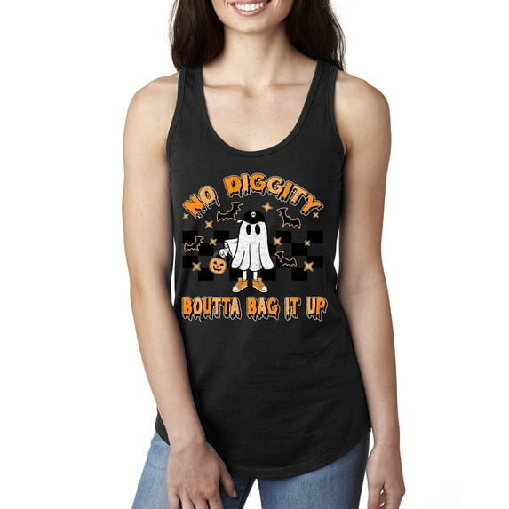 Wild Bobby No Diggity Boutta Bag it Up Ghost Bats Stars Pumpkin Halloween Orange and Black Halloween Women Racerback Tank Top, Black, Small