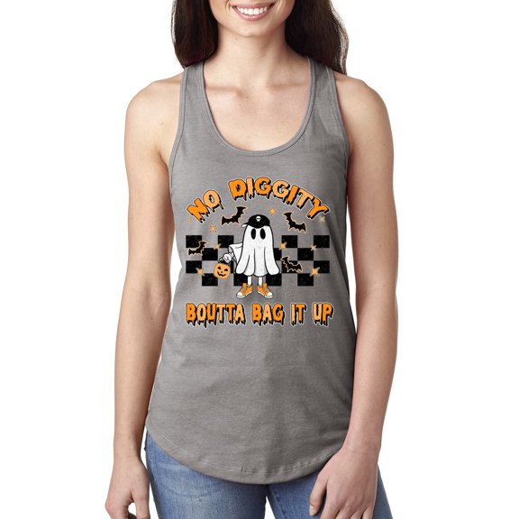 Wild Bobby No Diggity Boutta Bag it Up Ghost Bats Stars Pumpkin Halloween Orange and Black Halloween Women Racerback Tank Top, Heather Grey, Medium