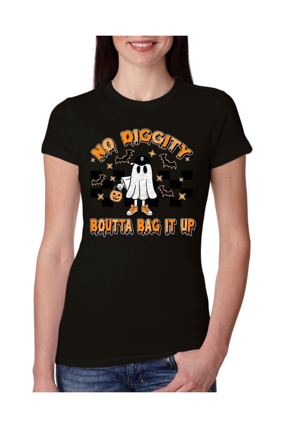 No Diggity Boutta Bag it Up Ghost Bats Stars Pumpkin Halloween Orange and Black Halloween Women Slim Fit Junior Tee, Black, Small