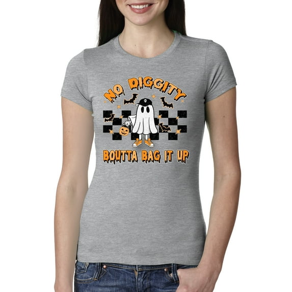 Wild Bobby No Diggity Boutta Bag it Up Ghost Bats Stars Pumpkin Halloween Orange and Black Halloween Women Slim Fit Junior Tee, Heather Grey, Small