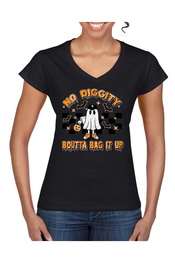 No Diggity Boutta Bag it Up Ghost Bats Stars Pumpkin Halloween Orange and Black Halloween Women Standard V-Neck Tee, Black, Medium