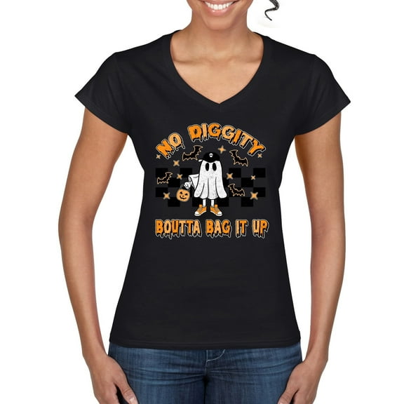 Wild Bobby No Diggity Boutta Bag it Up Ghost Bats Stars Pumpkin Halloween Orange and Black Halloween Women Standard V-Neck Tee, Black, Small
