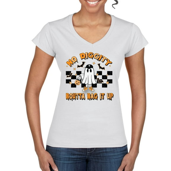Wild Bobby No Diggity Boutta Bag it Up Ghost Bats Stars Pumpkin Halloween Orange and Black Halloween Women Standard V-Neck Tee, White, Medium