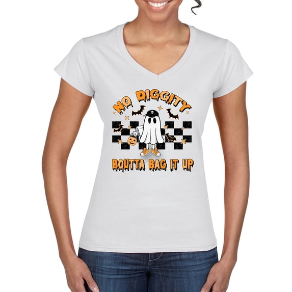 Wild Bobby No Diggity Boutta Bag it Up Ghost Bats Stars Pumpkin Halloween Orange and Black Halloween Women Standard V-Neck Tee, White, Small