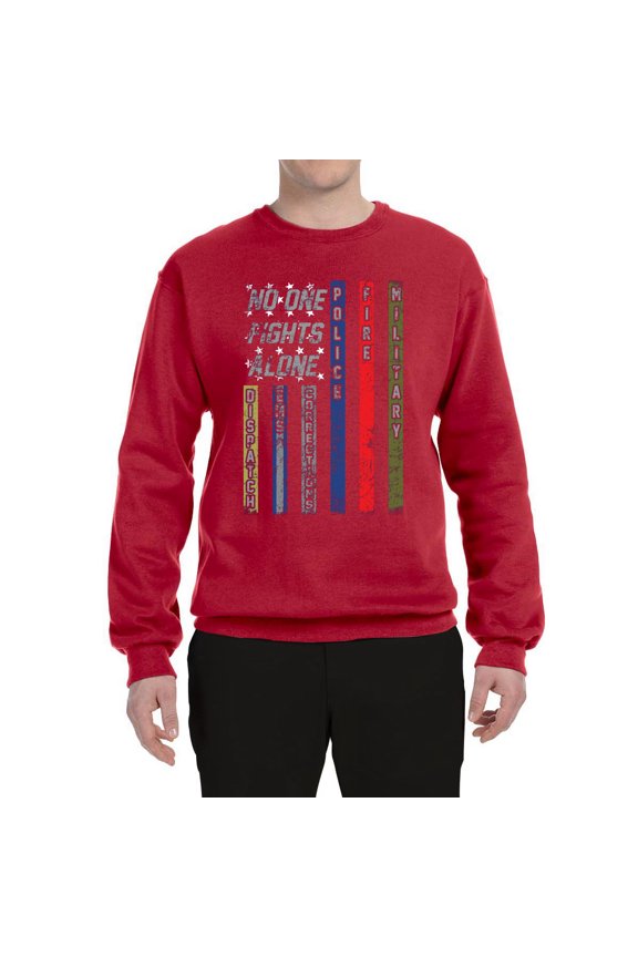 , No One Fights Alone First Responder Dispatcher EMS Corrections Police Fire Military Unity, Pop Culture, Unisex Crewneck Graphic Sweatshirt, Red, 5X-Large