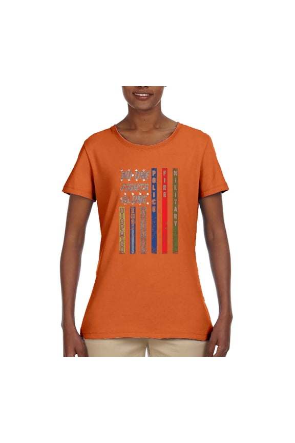 , No One Fights Alone First Responder Dispatcher EMS Corrections Police Fire Military Unity, Pop Culture, Women Graphic Tee, Orange, Medium