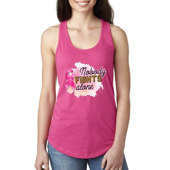 Wild Bobby, Nobody Fights Alone Watercolor Sparkles Breast Cancer Awareness Ladies Racerback Tank Top, Raspberry, Small