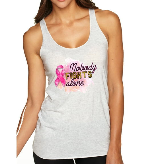 Wild Bobby, Nobody Fights Alone Watercolor Sparkles Breast Cancer Awareness Tri-Blend Racerback Tank Top, Heather White, X-Large