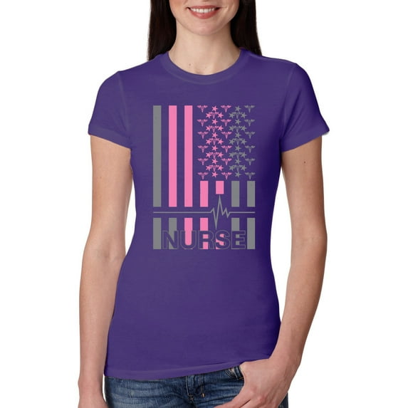 Wild Bobby, Nurse Flag Heartbeat Hero Caregiver Nurse Gift | Womens Independence Day Slim Fit Junior Tee, Purple Rush, Medium