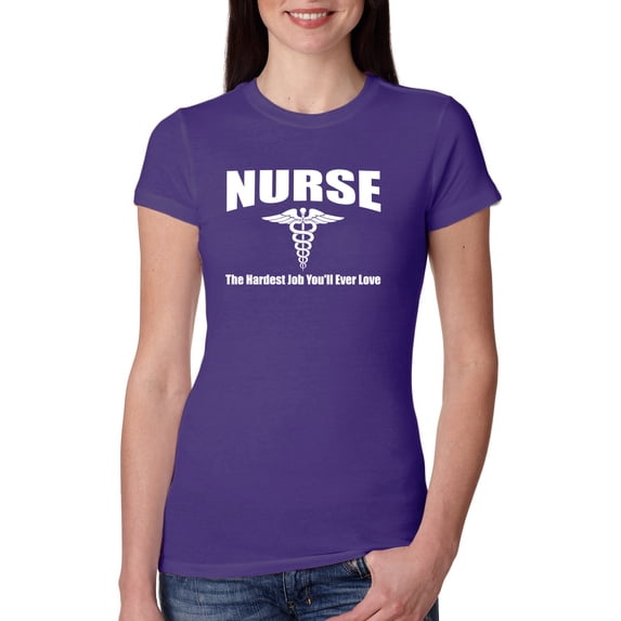 Wild Bobby, Nurse the Hardest Job You'll Ever Love | Womens Pop Culture Slim Fit Junior Tee, Purple Rush, 2XL