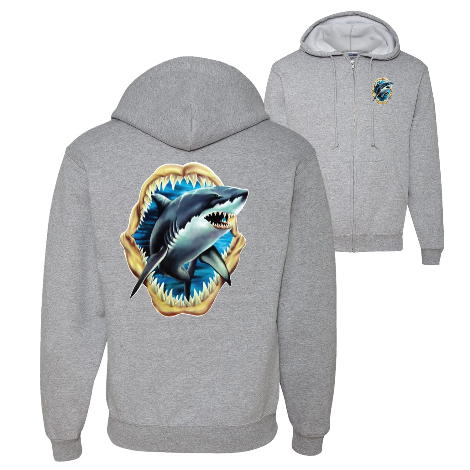 Wild Bobby Ocean Shark Big Mouth Fishing Front and Back Graphic Zip Up Hoodie Sweatshirt Heather Grey Medium Walmart