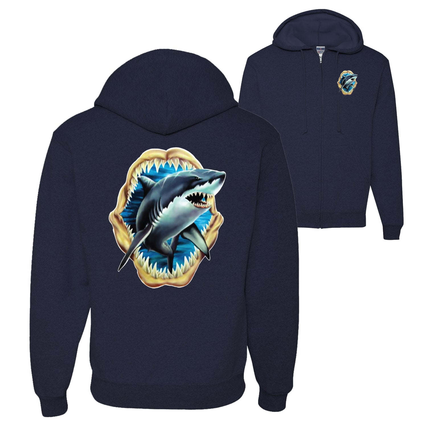Wild Bobby Ocean Shark Big Mouth Fishing Front and Back Graphic Zip Up Hoodie Sweatshirt Red Medium Walmart