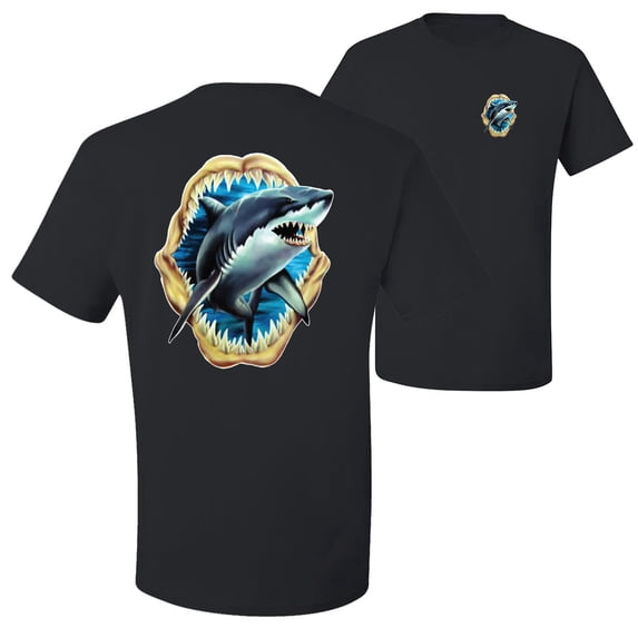 Ocean Shark Big Mouth Fishing Front and Back Men's Graphic T-Shirt, Black, Small