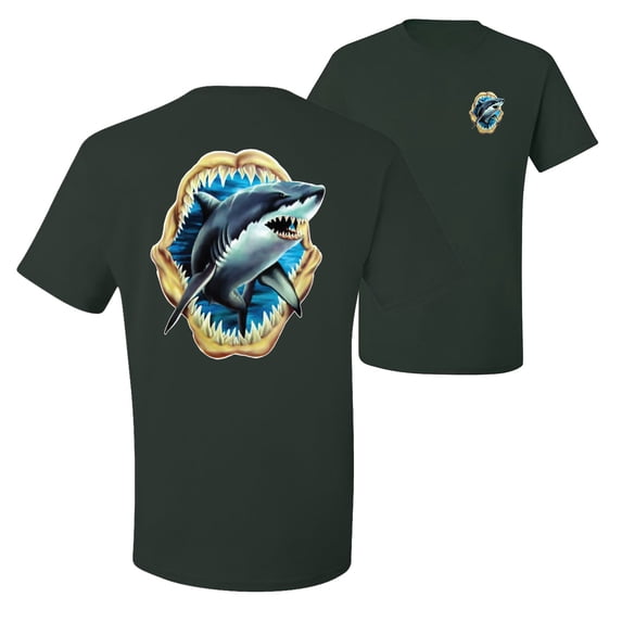 Ocean Shark Big Mouth Fishing Front and Back Men's Graphic T-Shirt, Forest Green, 4XL