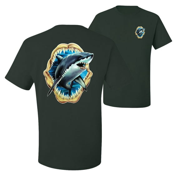Ocean Shark Big Mouth Fishing Front and Back Men's Graphic T-Shirt, Forest Green, Small