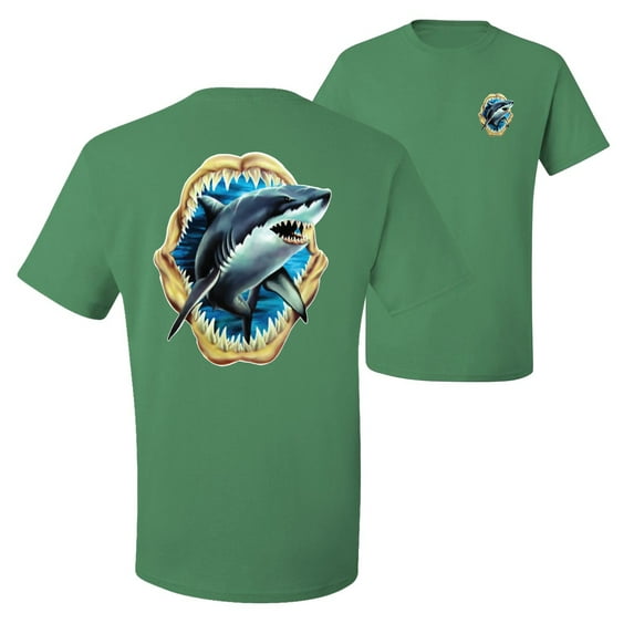Ocean Shark Big Mouth Fishing Front and Back Men's Graphic T-Shirt, Kelly, 5XL