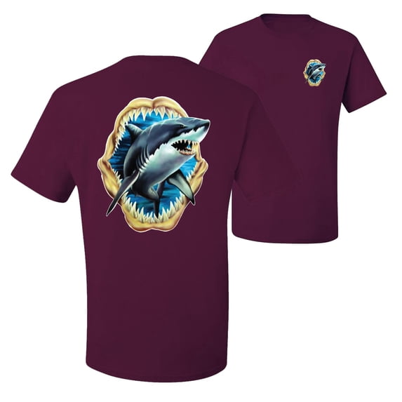 Ocean Shark Big Mouth Fishing Front and Back Men's Graphic T-Shirt, Maroon, Large