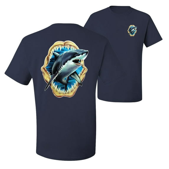 Ocean Shark Big Mouth Fishing Front and Back Men's Graphic T-Shirt, Navy, 4XL
