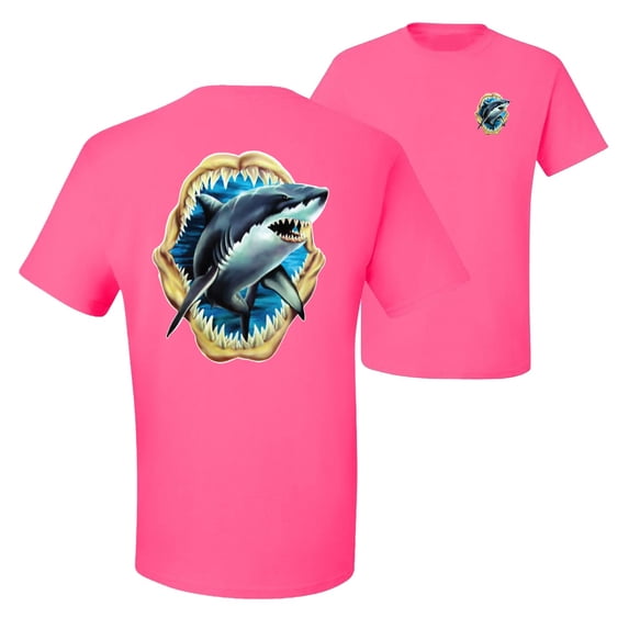 Ocean Shark Big Mouth Fishing Front and Back Men's Graphic T-Shirt, Neon Pink, Large