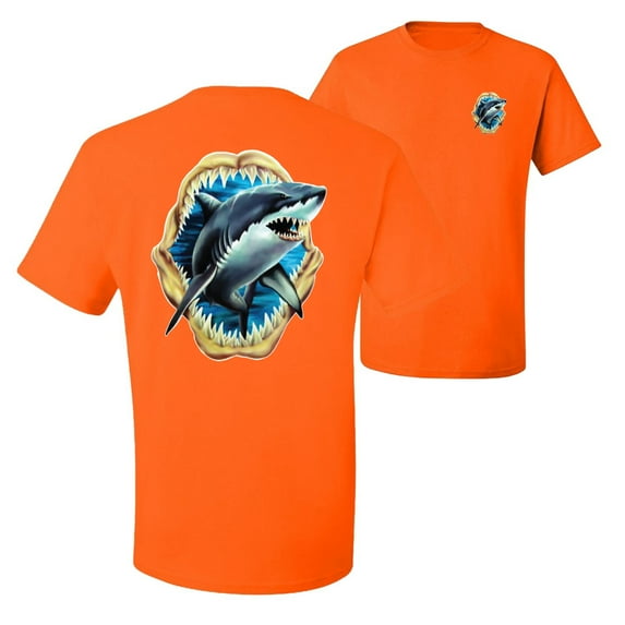 Ocean Shark Big Mouth Fishing Front and Back Men's Graphic T-Shirt, Orange, 4XL
