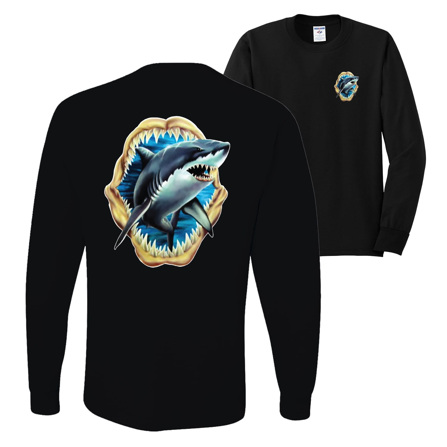 Wild Bobby,Ocean Shark Big Mouth Fishing Front and Back Mens Long Sleeve  Shirt, Black, X-Large