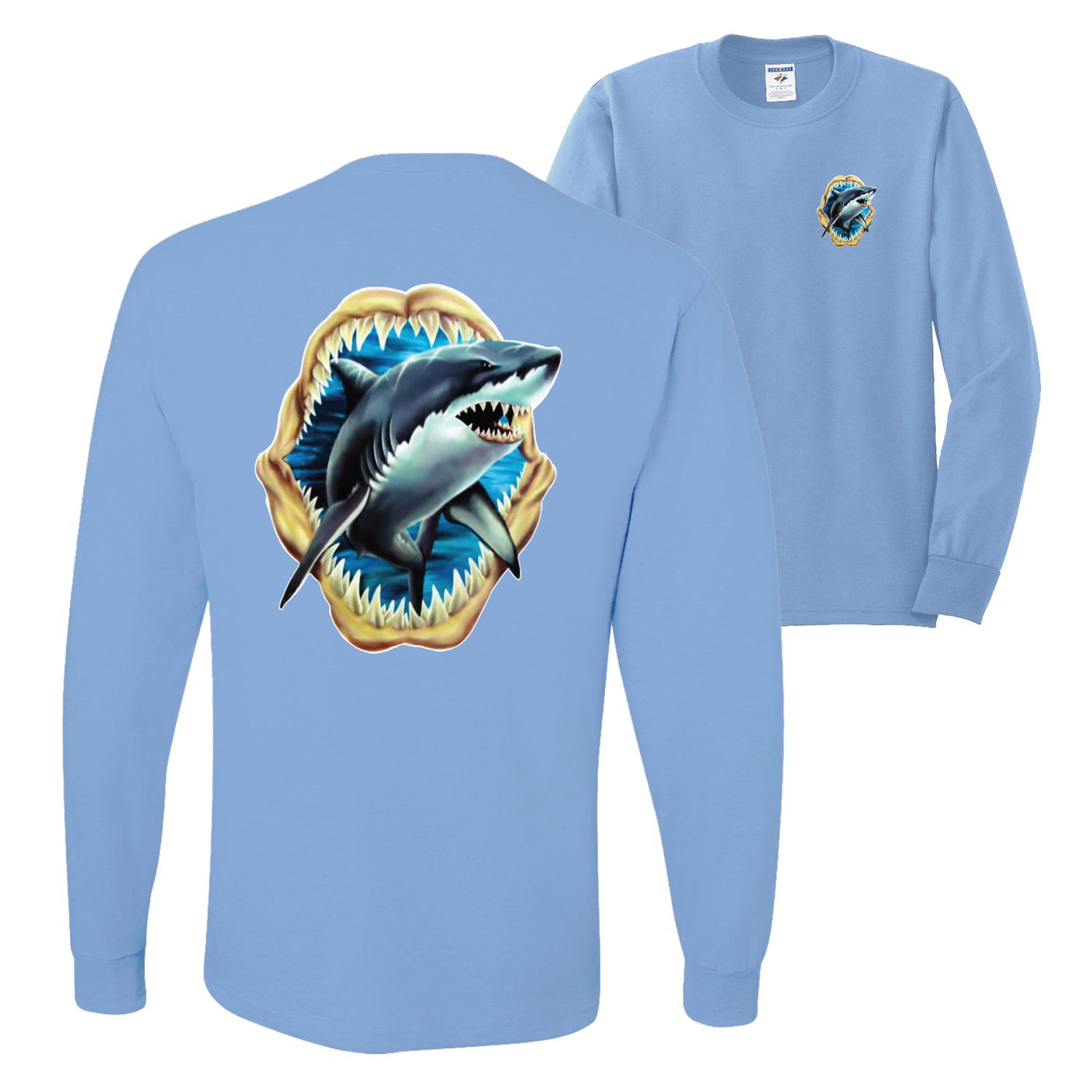 Wild Bobby,Ocean Shark Big Mouth Fishing Front and Back Mens Long Sleeve  Shirt, Light Blue, Small