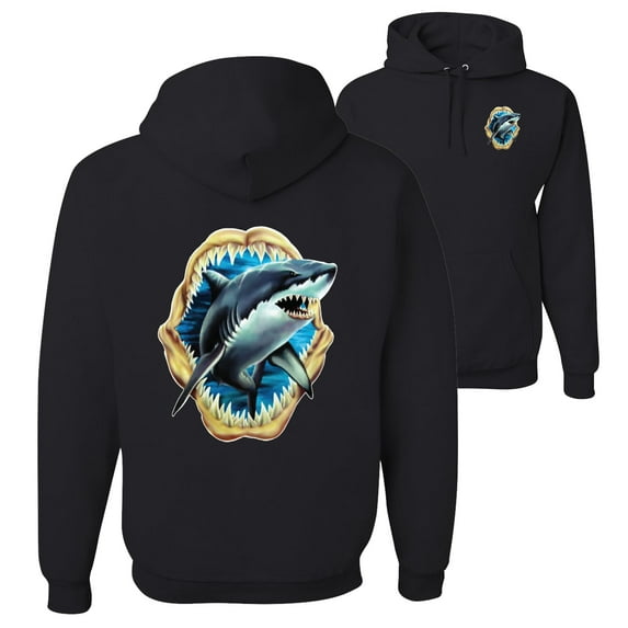 Ocean Shark Big Mouth Fishing Front and Back Unisex Graphic Hoodie Sweatshirt, Black, Small