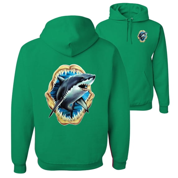 Ocean Shark Big Mouth Fishing Front and Back Unisex Graphic Hoodie Sweatshirt, Kelly, Small