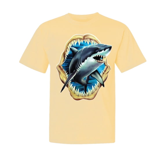 Wild Bobby, Ocean Shark Big Mouth, Fishing, Garment-Dyed Washed Look Short Sleeve Tees, Banana, Medium
