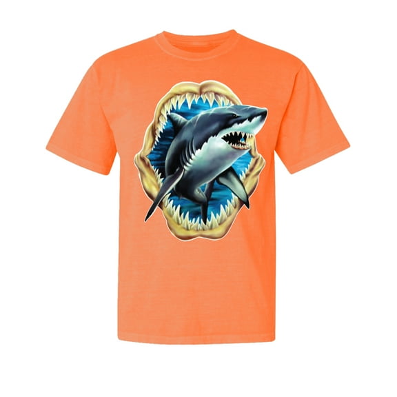Wild Bobby, Ocean Shark Big Mouth, Fishing, Garment-Dyed Washed Look Short Sleeve Tees, Neon Orange, Large