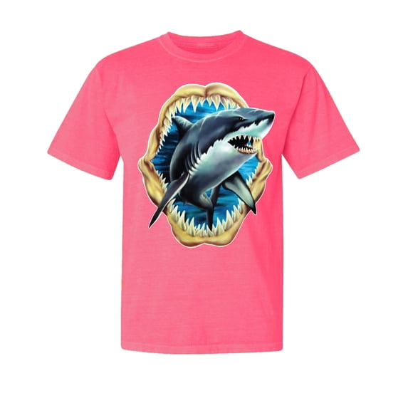 Wild Bobby, Ocean Shark Big Mouth, Fishing, Garment-Dyed Washed Look Short Sleeve Tees, Neon Pink, X-Large