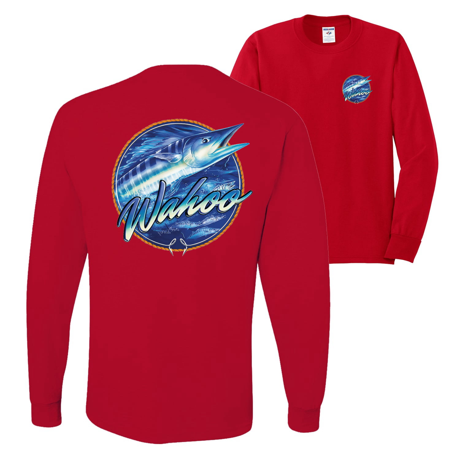 Wild Bobby, Ocean Wahoo Fish, Fishing, Front and Back Men Long Sleeve  Shirt, Red, XX-Large
