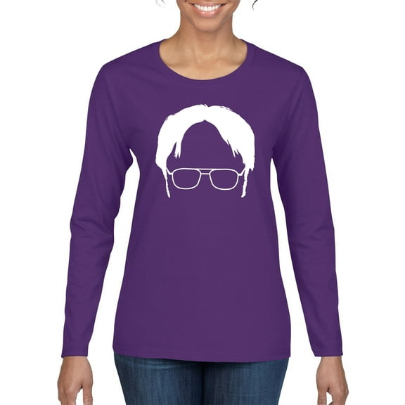 Wild Bobby, Office Dwight Glasses Face Silhouette Funny Schrute, Pop Culture, Women Graphic Long Sleeve Tee, Purple, XX-Large