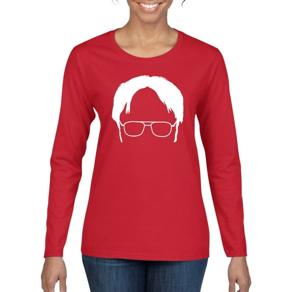 Wild Bobby, Office Dwight Glasses Face Silhouette Funny Schrute, Pop Culture, Women Graphic Long Sleeve Tee, Red, Medium