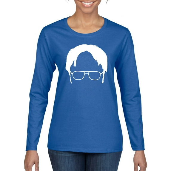 Wild Bobby, Office Dwight Glasses Face Silhouette Funny Schrute, Pop Culture, Women Graphic Long Sleeve Tee, Royal, XX-Large